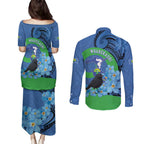 New Zealand Chatham Islands Couples Matching Puletasi and Long Sleeve Button Shirt Wharekauri Forget Me Not With Black Robin