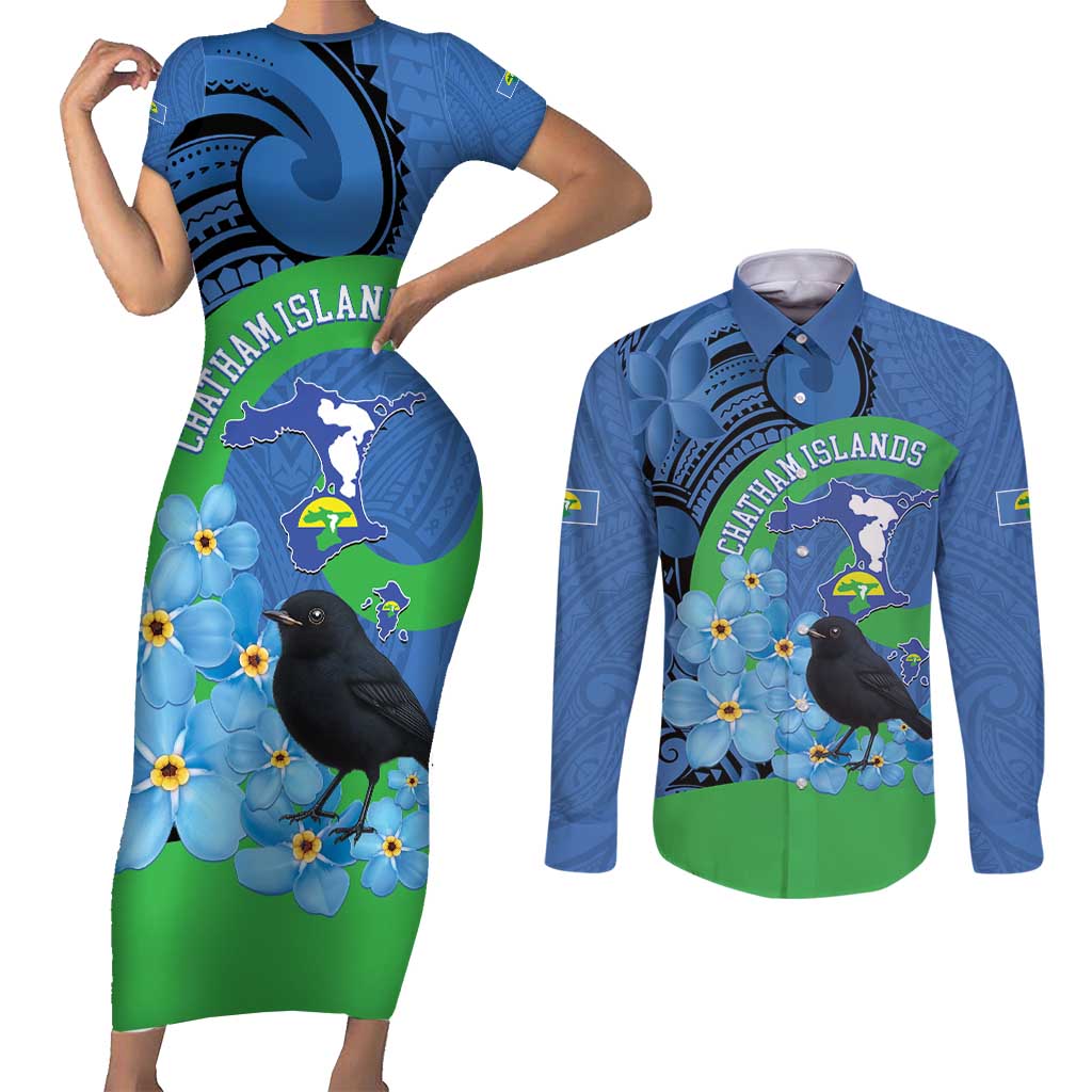 New Zealand Chatham Islands Couples Matching Short Sleeve Bodycon Dress and Long Sleeve Button Shirt Wharekauri Forget Me Not With Black Robin