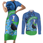 New Zealand Chatham Islands Couples Matching Short Sleeve Bodycon Dress and Long Sleeve Button Shirt Wharekauri Forget Me Not With Black Robin