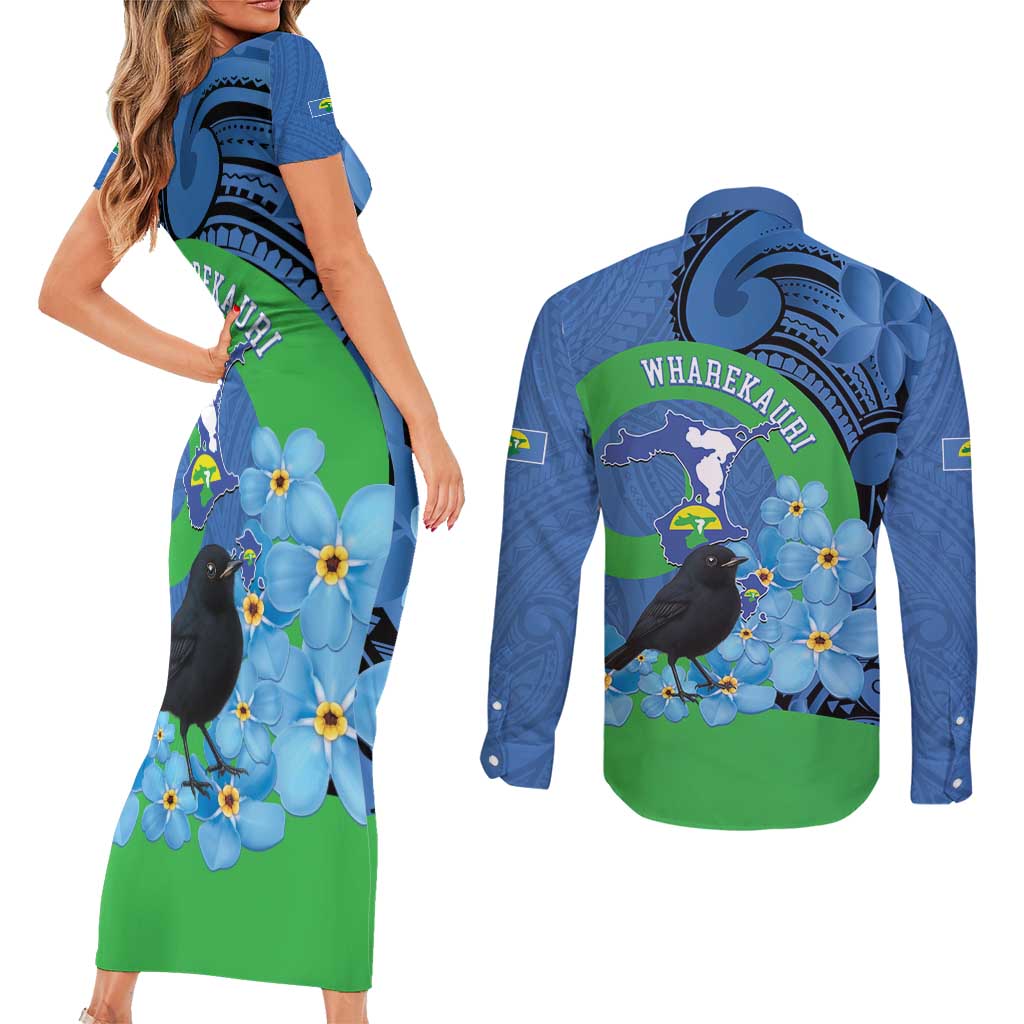 New Zealand Chatham Islands Couples Matching Short Sleeve Bodycon Dress and Long Sleeve Button Shirt Wharekauri Forget Me Not With Black Robin