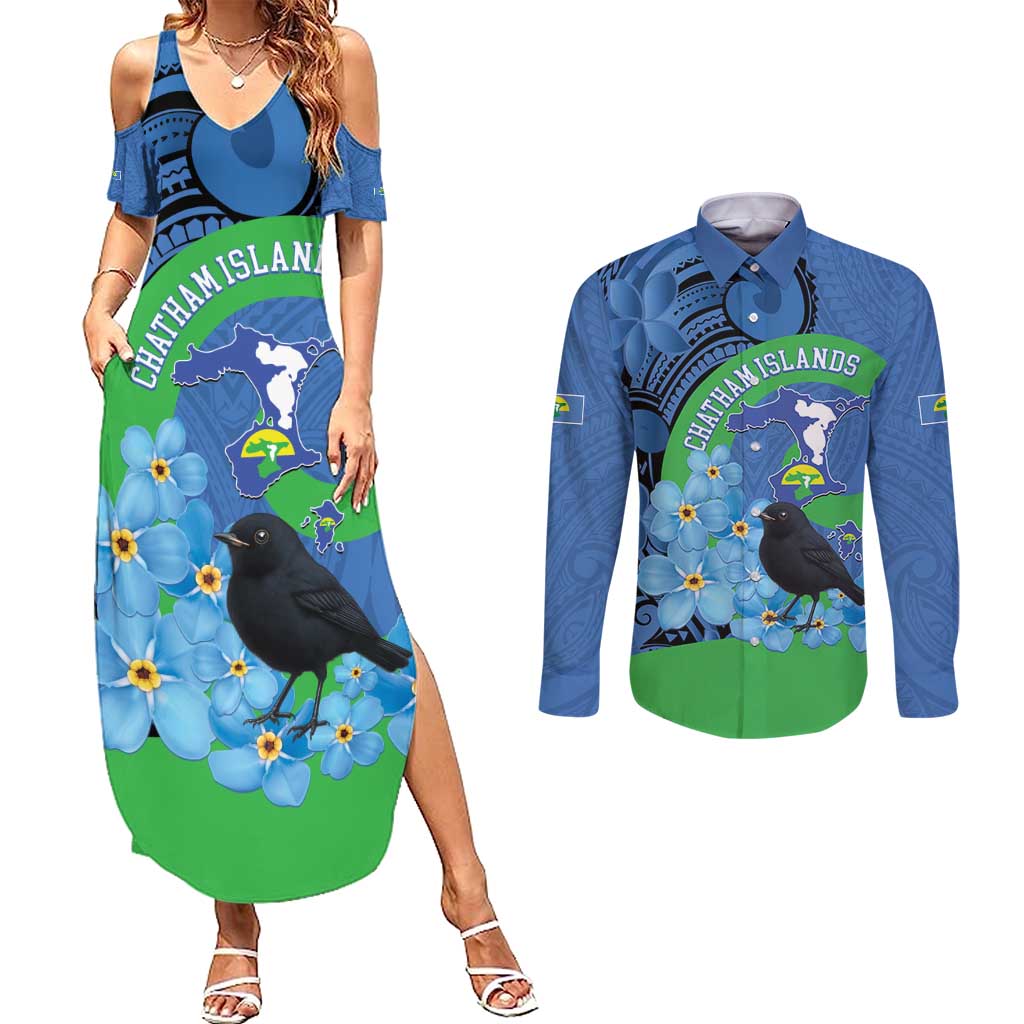 New Zealand Chatham Islands Couples Matching Summer Maxi Dress and Long Sleeve Button Shirt Wharekauri Forget Me Not With Black Robin