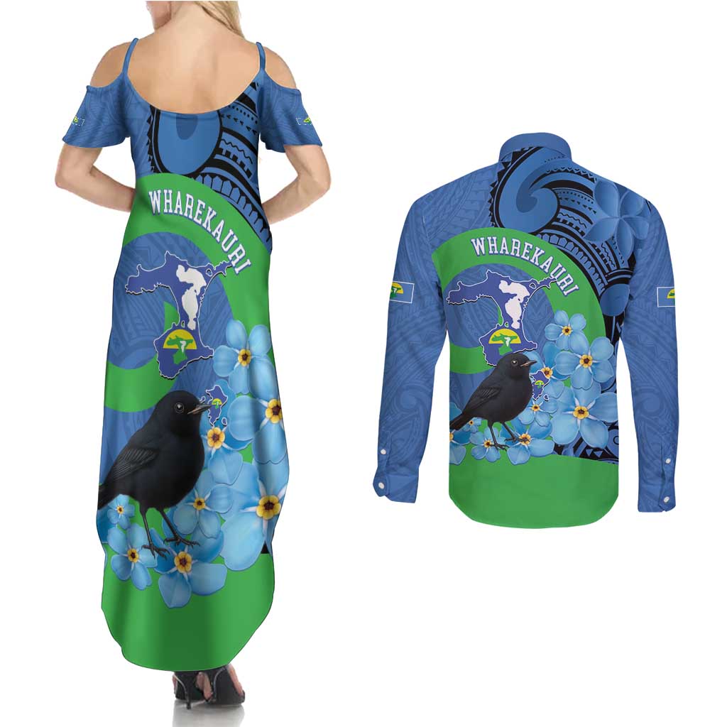 New Zealand Chatham Islands Couples Matching Summer Maxi Dress and Long Sleeve Button Shirt Wharekauri Forget Me Not With Black Robin