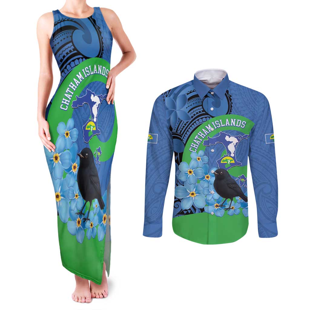New Zealand Chatham Islands Couples Matching Tank Maxi Dress and Long Sleeve Button Shirt Wharekauri Forget Me Not With Black Robin