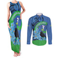 New Zealand Chatham Islands Couples Matching Tank Maxi Dress and Long Sleeve Button Shirt Wharekauri Forget Me Not With Black Robin