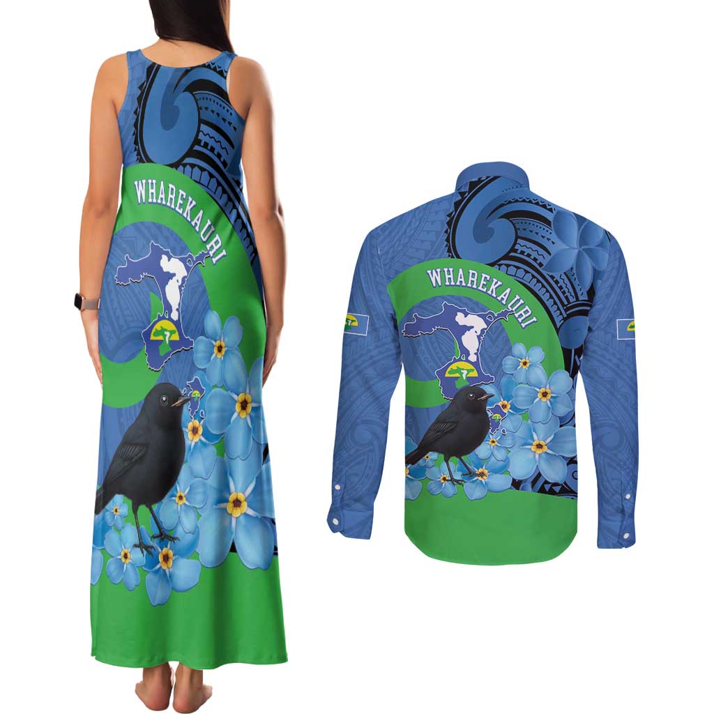 New Zealand Chatham Islands Couples Matching Tank Maxi Dress and Long Sleeve Button Shirt Wharekauri Forget Me Not With Black Robin
