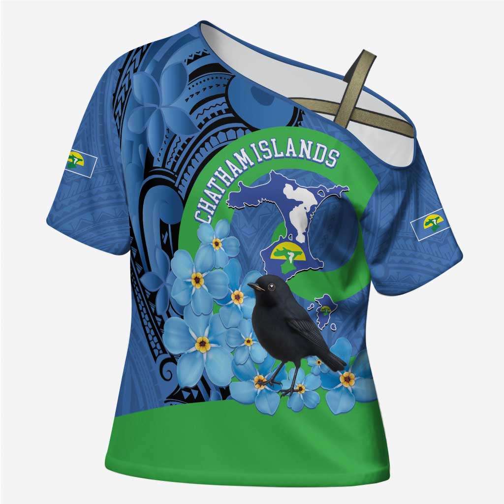 New Zealand Chatham Islands Cross Shoulder Shirt Wharekauri Forget Me Not With Black Robin - Aussie Hoodie