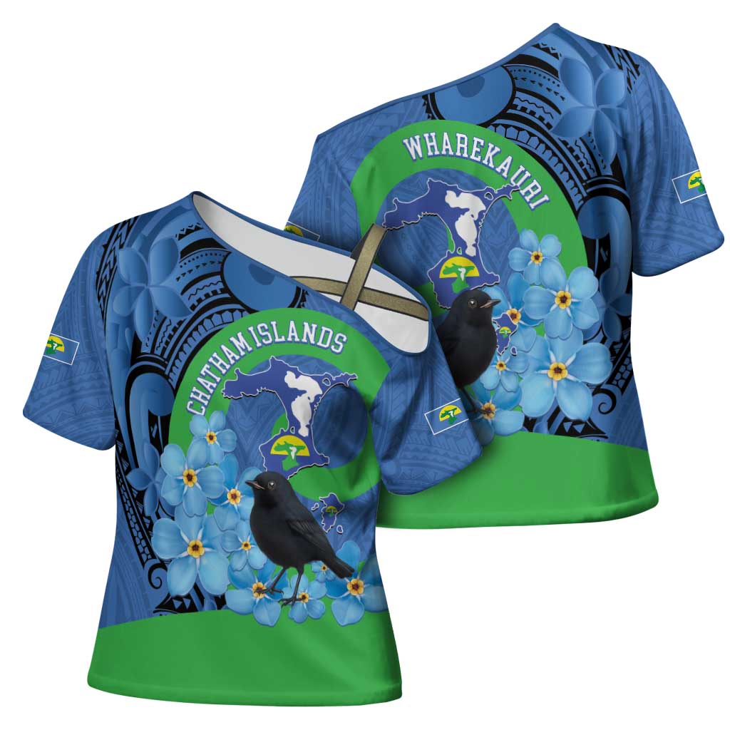 New Zealand Chatham Islands Cross Shoulder Shirt Wharekauri Forget Me Not With Black Robin - Aussie Hoodie