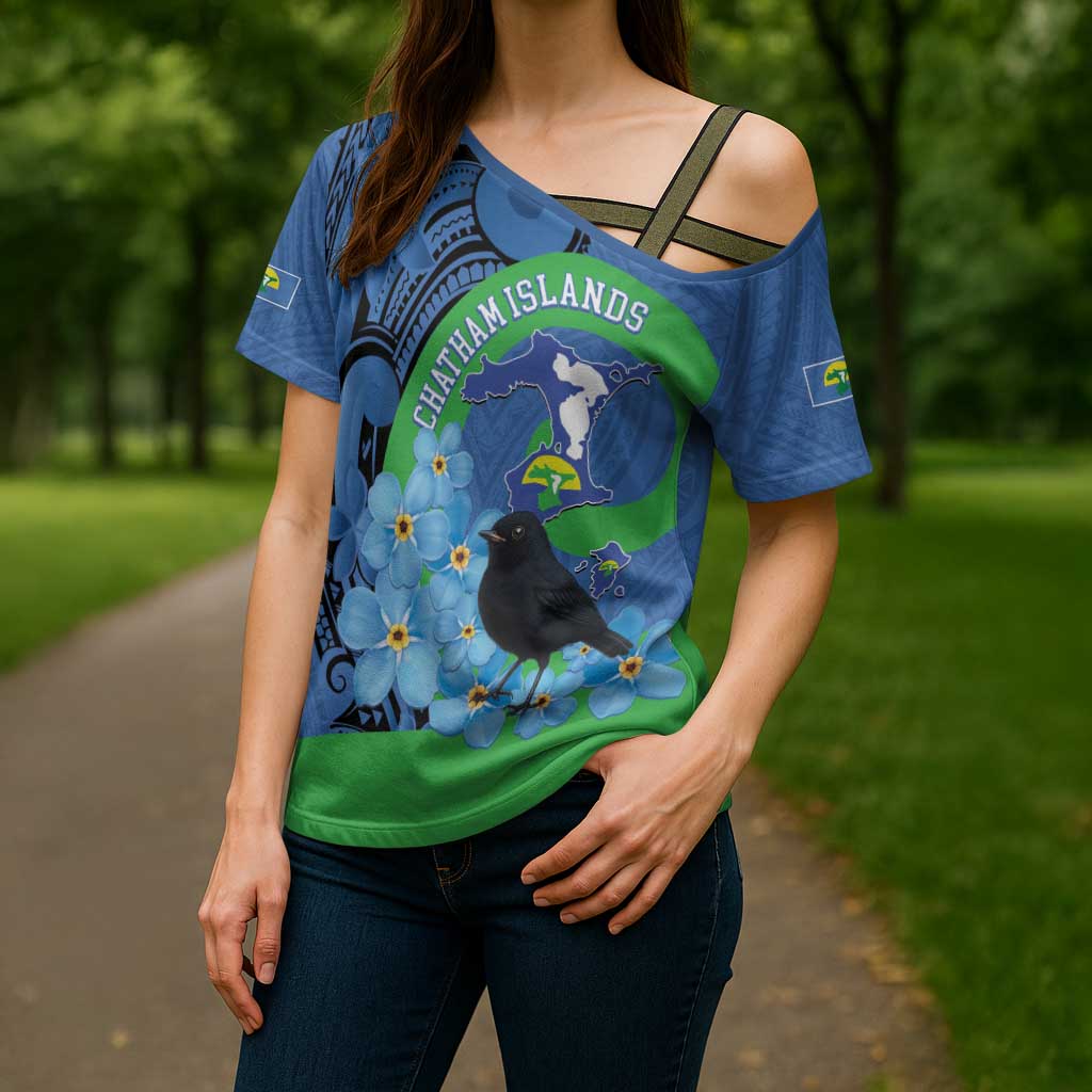 New Zealand Chatham Islands Cross Shoulder Shirt Wharekauri Forget Me Not With Black Robin - Aussie Hoodie