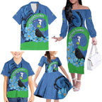 New Zealand Chatham Islands Family Matching Off The Shoulder Long Sleeve Dress and Hawaiian Shirt Wharekauri Forget Me Not With Black Robin