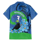 New Zealand Chatham Islands Family Matching Off The Shoulder Long Sleeve Dress and Hawaiian Shirt Wharekauri Forget Me Not With Black Robin