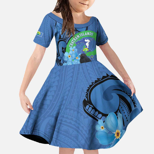 New Zealand Chatham Islands Family Matching Off Shoulder Maxi Dress and Hawaiian Shirt Wharekauri Forget Me Not With Black Robin