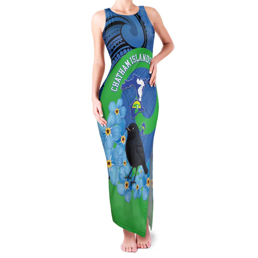 New Zealand Chatham Islands Family Matching Tank Maxi Dress and Hawaiian Shirt Wharekauri Forget Me Not With Black Robin