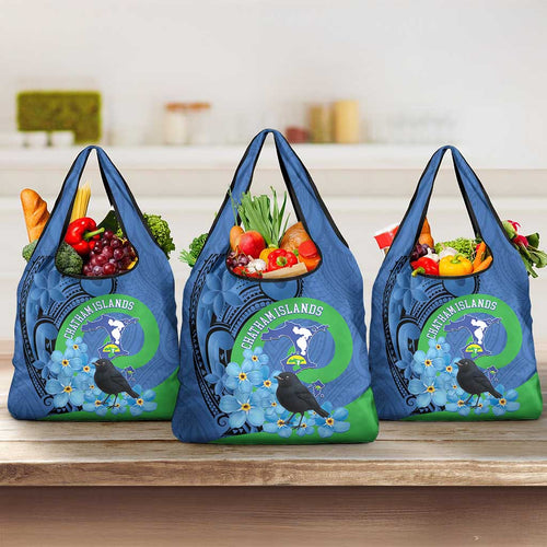 New Zealand Chatham Islands Grocery Bag Wharekauri Forget Me Not With Black Robin