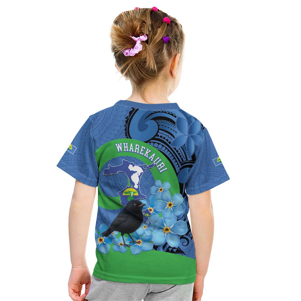 New Zealand Chatham Islands Kid T Shirt Wharekauri Forget Me Not With Black Robin