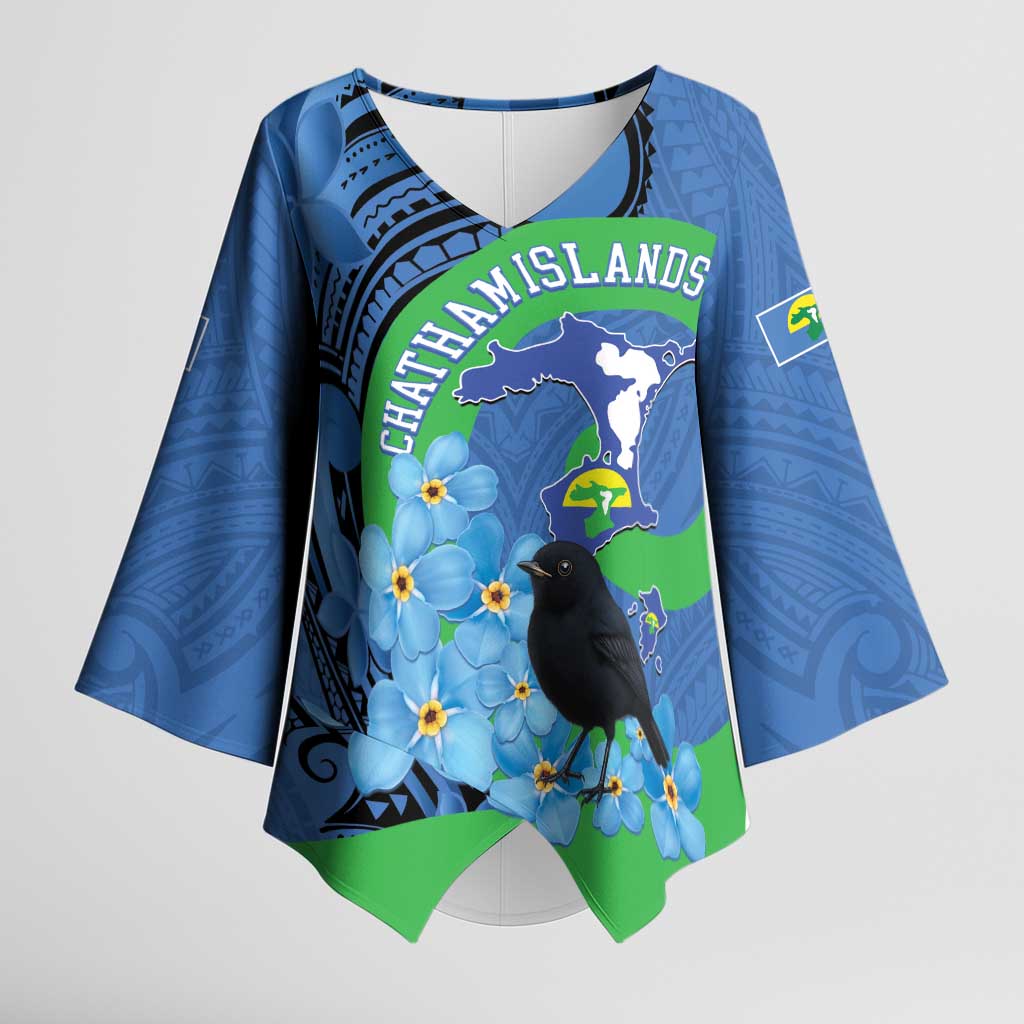 New Zealand Chatham Islands Kimono Sleeve Blouse Wharekauri Forget Me Not With Black Robin - Aussie Hoodie