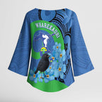 New Zealand Chatham Islands Kimono Sleeve Blouse Wharekauri Forget Me Not With Black Robin - Aussie Hoodie