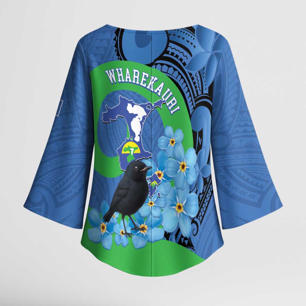 New Zealand Chatham Islands Kimono Sleeve Blouse Wharekauri Forget Me Not With Black Robin - Aussie Hoodie