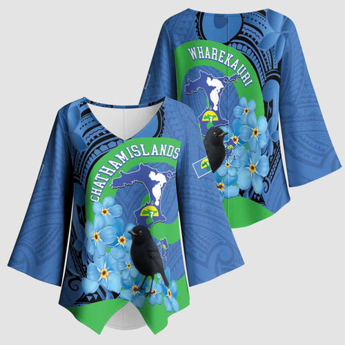 New Zealand Chatham Islands Kimono Sleeve Blouse Wharekauri Forget Me Not With Black Robin - Aussie Hoodie