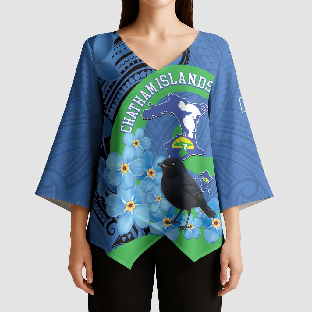 New Zealand Chatham Islands Kimono Sleeve Blouse Wharekauri Forget Me Not With Black Robin - Aussie Hoodie