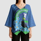 New Zealand Chatham Islands Kimono Sleeve Blouse Wharekauri Forget Me Not With Black Robin - Aussie Hoodie