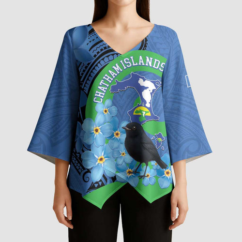 New Zealand Chatham Islands Kimono Sleeve Blouse Wharekauri Forget Me Not With Black Robin - Aussie Hoodie