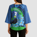 New Zealand Chatham Islands Kimono Sleeve Blouse Wharekauri Forget Me Not With Black Robin - Aussie Hoodie