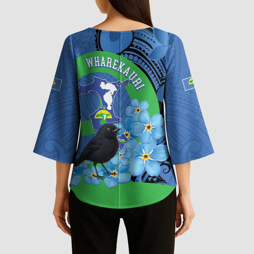 New Zealand Chatham Islands Kimono Sleeve Blouse Wharekauri Forget Me Not With Black Robin - Aussie Hoodie