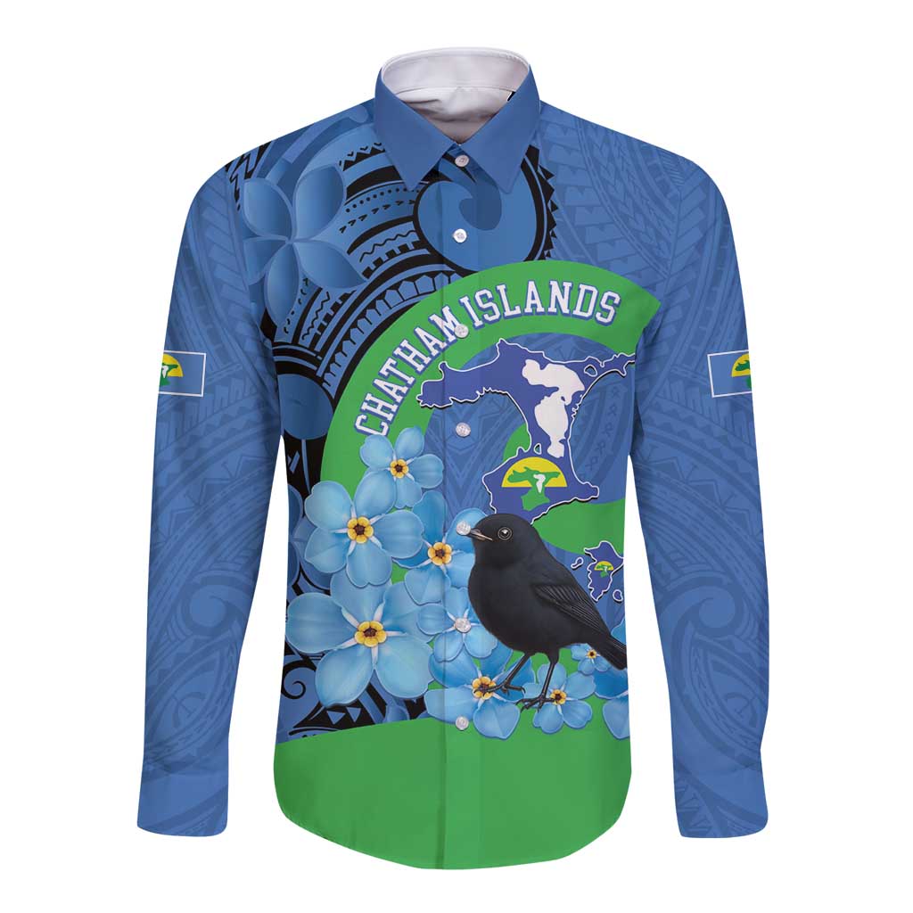 New Zealand Chatham Islands Long Sleeve Button Shirt Wharekauri Forget Me Not With Black Robin