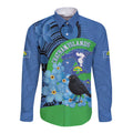 New Zealand Chatham Islands Long Sleeve Button Shirt Wharekauri Forget Me Not With Black Robin