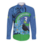 New Zealand Chatham Islands Long Sleeve Button Shirt Wharekauri Forget Me Not With Black Robin