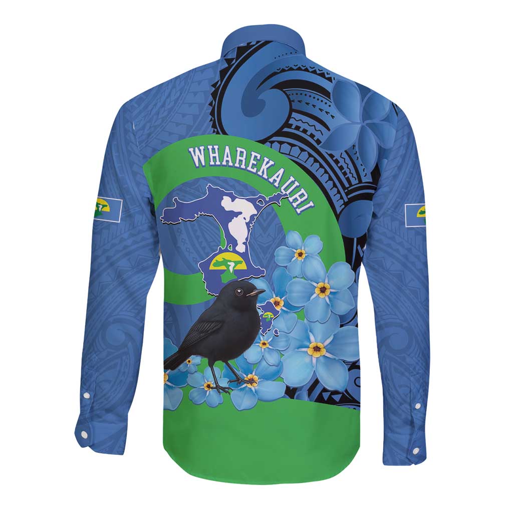 New Zealand Chatham Islands Long Sleeve Button Shirt Wharekauri Forget Me Not With Black Robin