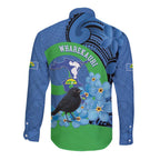 New Zealand Chatham Islands Long Sleeve Button Shirt Wharekauri Forget Me Not With Black Robin