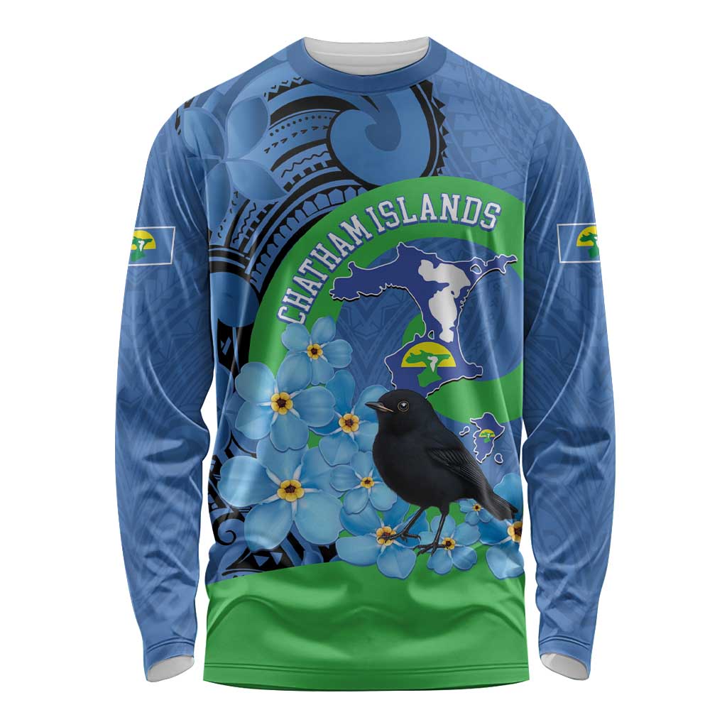 New Zealand Chatham Islands Long Sleeve Shirt Wharekauri Forget Me Not With Black Robin