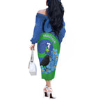 New Zealand Chatham Islands Off The Shoulder Long Sleeve Dress Wharekauri Forget Me Not With Black Robin
