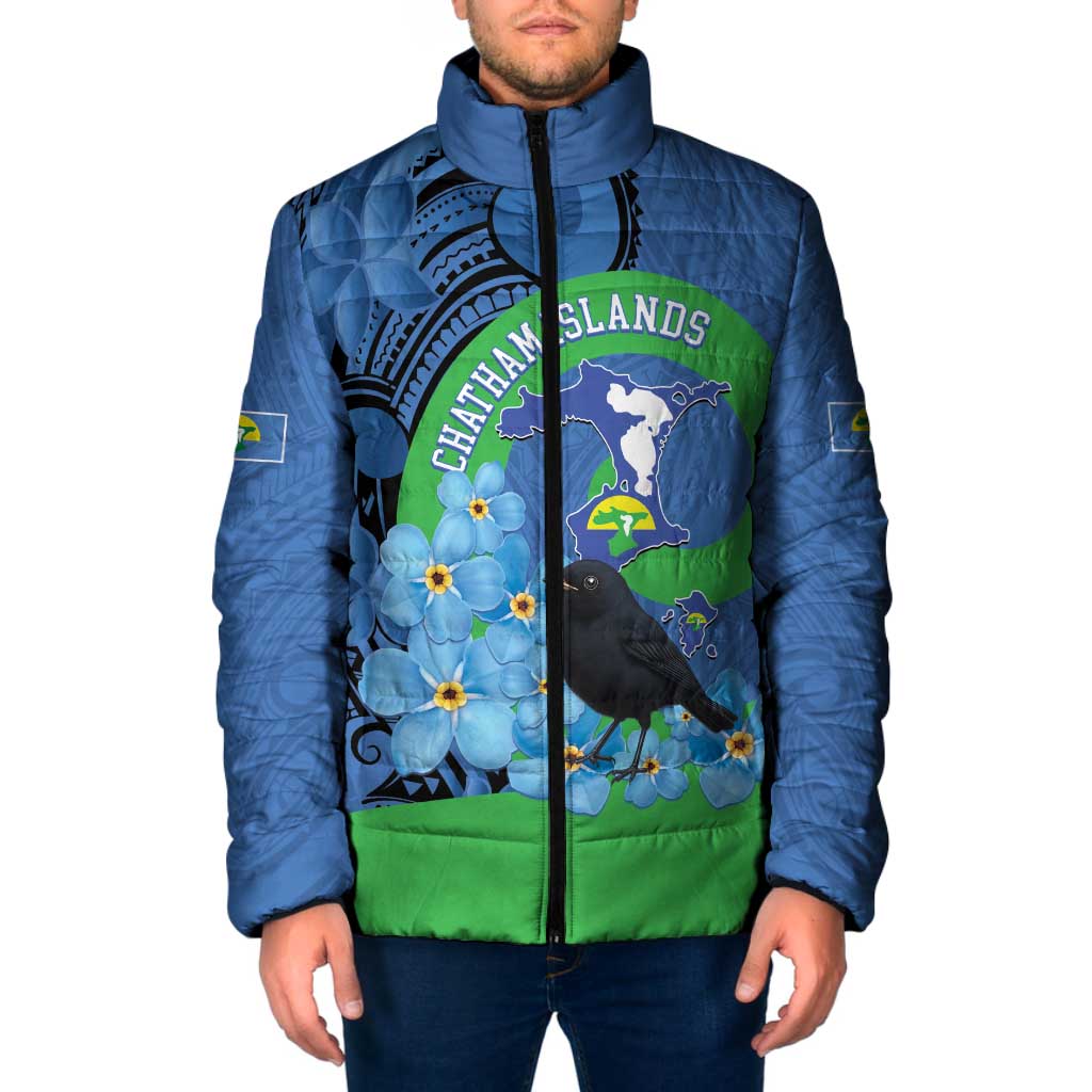 New Zealand Chatham Islands Padded Jacket Wharekauri Forget Me Not With Black Robin - Aussie Hoodie