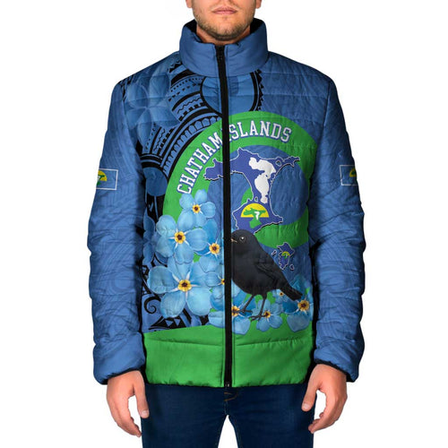New Zealand Chatham Islands Padded Jacket Wharekauri Forget Me Not With Black Robin - Aussie Hoodie