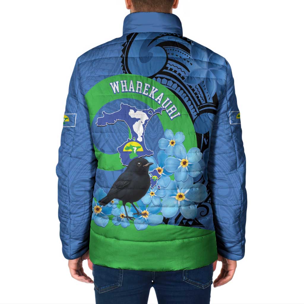 New Zealand Chatham Islands Padded Jacket Wharekauri Forget Me Not With Black Robin - Aussie Hoodie