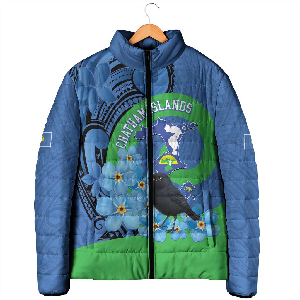 New Zealand Chatham Islands Padded Jacket Wharekauri Forget Me Not With Black Robin - Aussie Hoodie