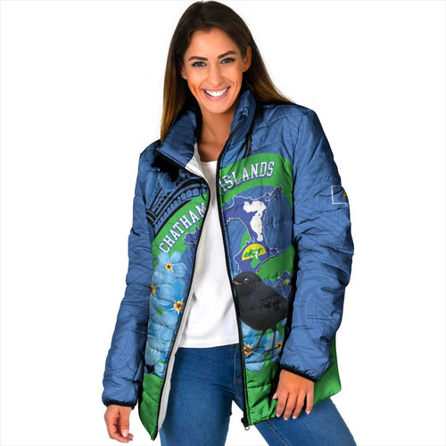 New Zealand Chatham Islands Padded Jacket Wharekauri Forget Me Not With Black Robin - Aussie Hoodie