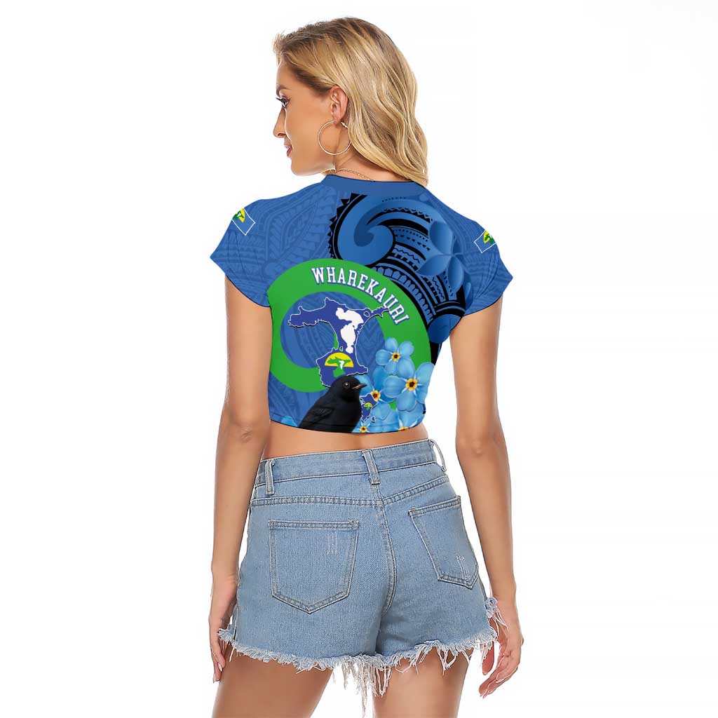 New Zealand Chatham Islands Raglan Cropped T Shirt Wharekauri Forget Me Not With Black Robin