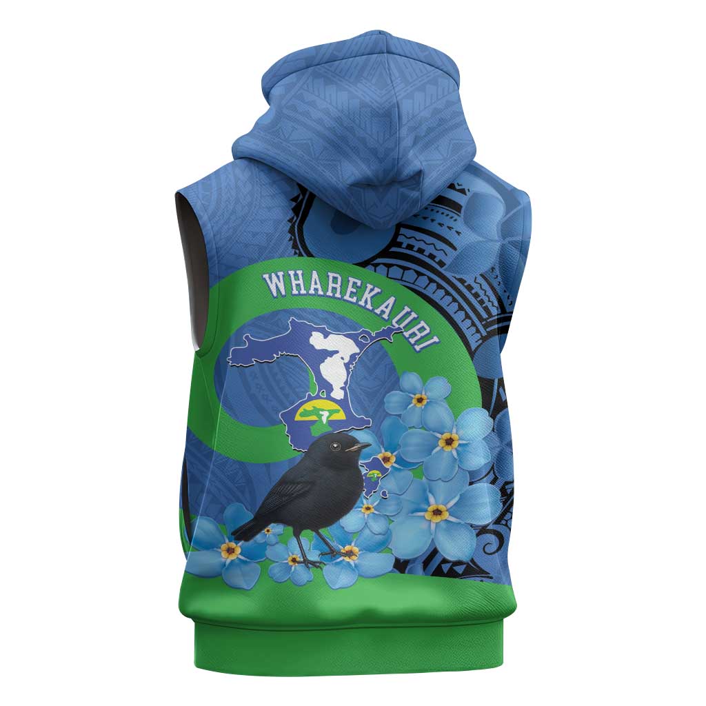 New Zealand Chatham Islands Sleeveless Hoodie Wharekauri Forget Me Not With Black Robin - Aussie Hoodie