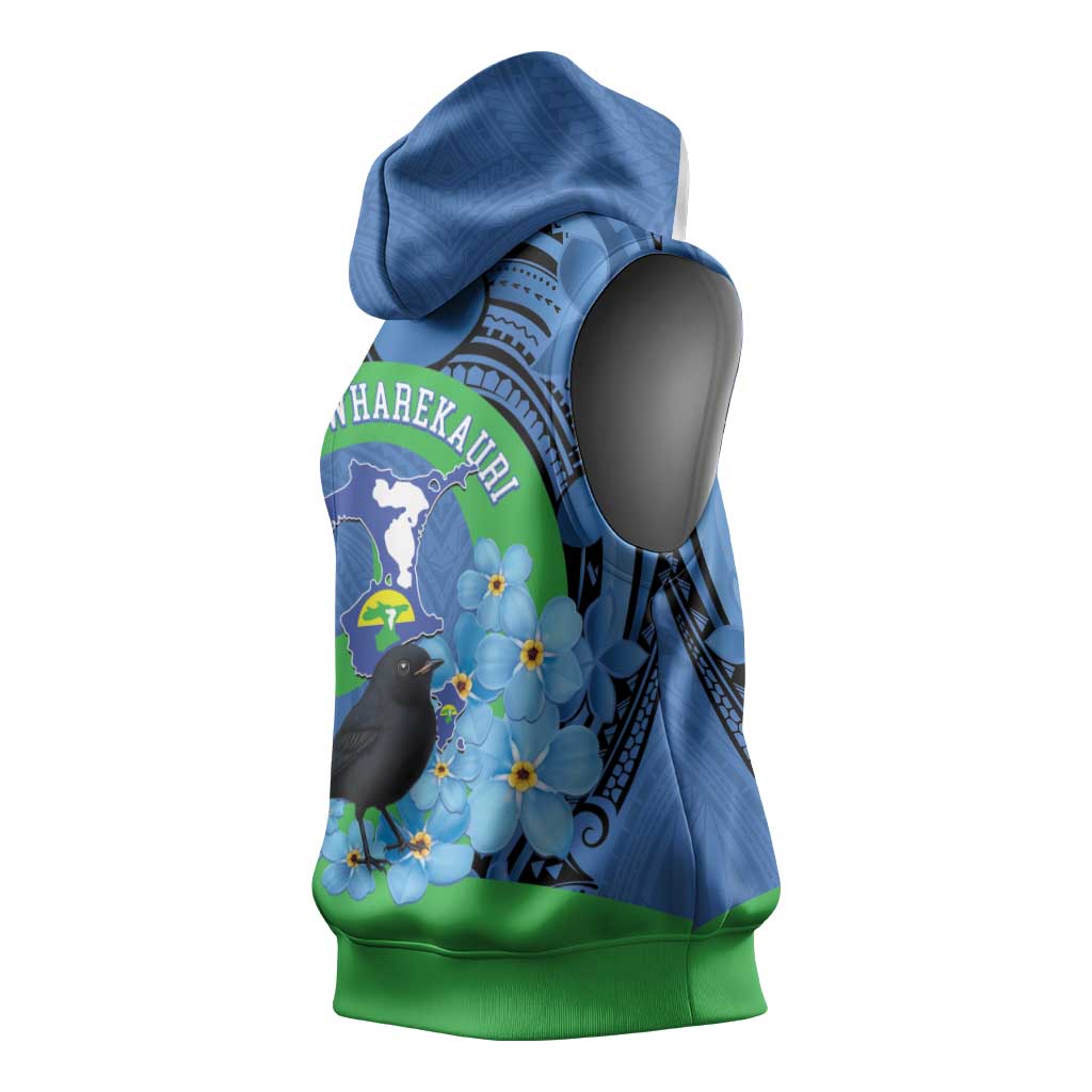 New Zealand Chatham Islands Sleeveless Hoodie Wharekauri Forget Me Not With Black Robin - Aussie Hoodie