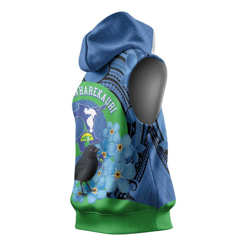New Zealand Chatham Islands Sleeveless Hoodie Wharekauri Forget Me Not With Black Robin - Aussie Hoodie