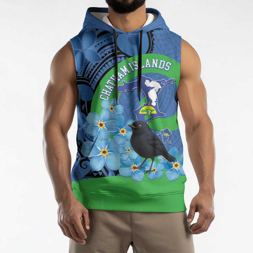 New Zealand Chatham Islands Sleeveless Hoodie Wharekauri Forget Me Not With Black Robin - Aussie Hoodie