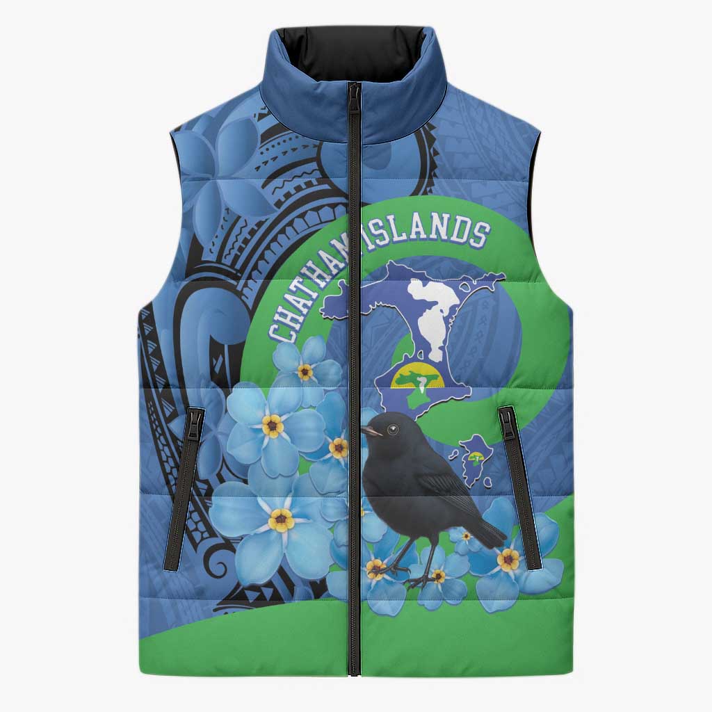 New Zealand Chatham Islands Sleeveless Puffer Jacket Wharekauri Forget Me Not With Black Robin - Aussie Hoodie