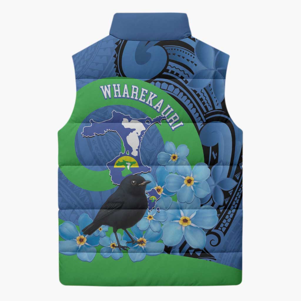 New Zealand Chatham Islands Sleeveless Puffer Jacket Wharekauri Forget Me Not With Black Robin - Aussie Hoodie