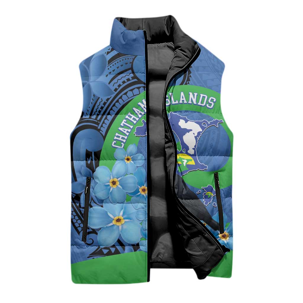 New Zealand Chatham Islands Sleeveless Puffer Jacket Wharekauri Forget Me Not With Black Robin - Aussie Hoodie