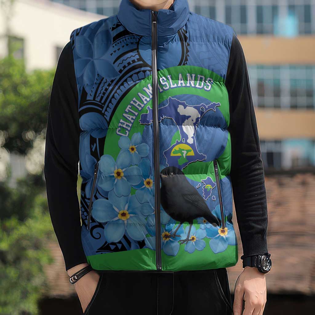 New Zealand Chatham Islands Sleeveless Puffer Jacket Wharekauri Forget Me Not With Black Robin - Aussie Hoodie