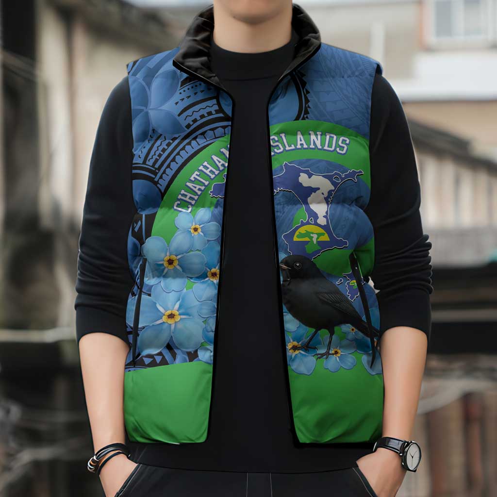New Zealand Chatham Islands Sleeveless Puffer Jacket Wharekauri Forget Me Not With Black Robin - Aussie Hoodie