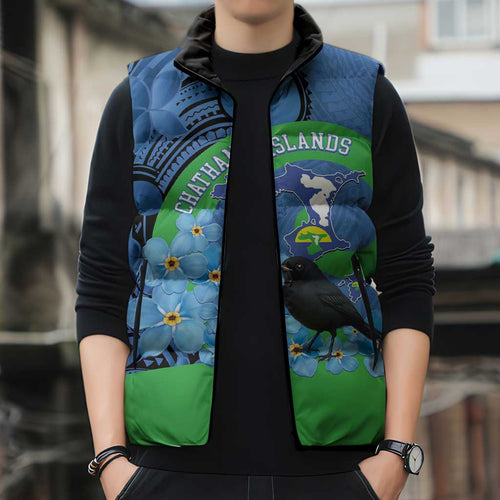 New Zealand Chatham Islands Sleeveless Puffer Jacket Wharekauri Forget Me Not With Black Robin - Aussie Hoodie